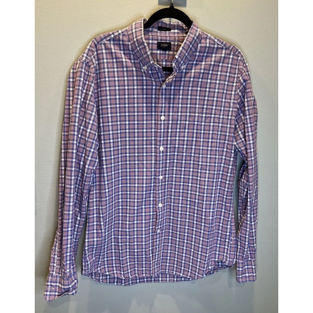 J Crew Mens Dress Shirt Large Red/White/Blue‎ Slim Fit Button Down Plaid Cotton